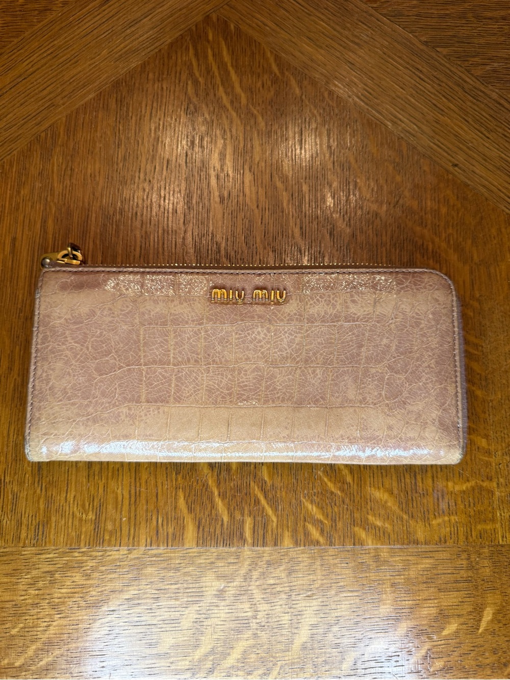 Miu Miu Croc-Embossed Pale Pink Zip Around Wallet with Gold Logo